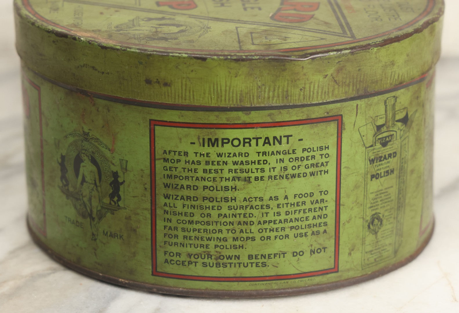Lot 011 - Antique Triangle Wizard Polish Mop Tin Lithograph Advertising Tin By Wizard Products Company, Chicago, With Black Cat ,Owl, And Woman Wizard Trademark Motif