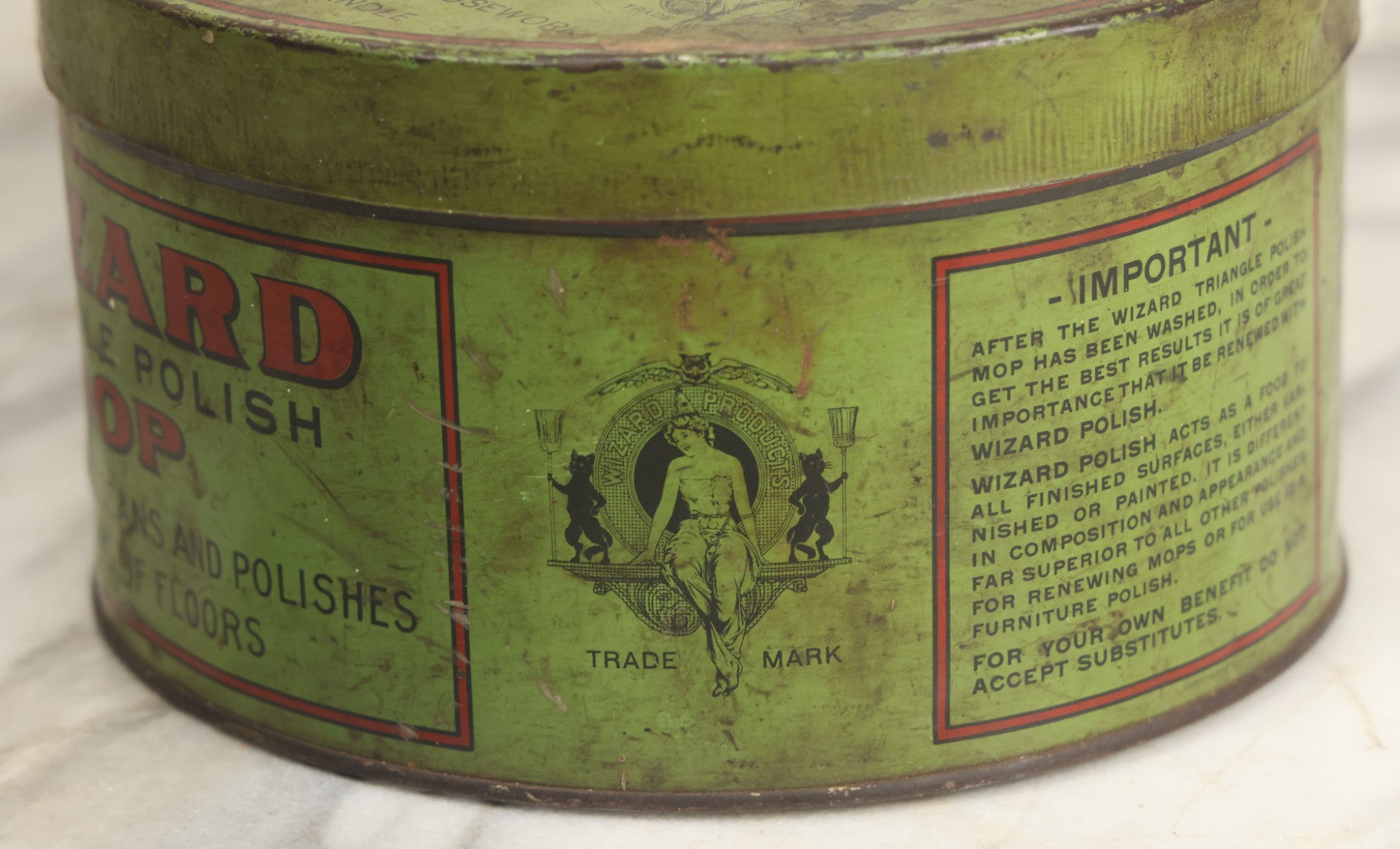 Lot 011 - Antique Triangle Wizard Polish Mop Tin Lithograph Advertising Tin By Wizard Products Company, Chicago, With Black Cat ,Owl, And Woman Wizard Trademark Motif