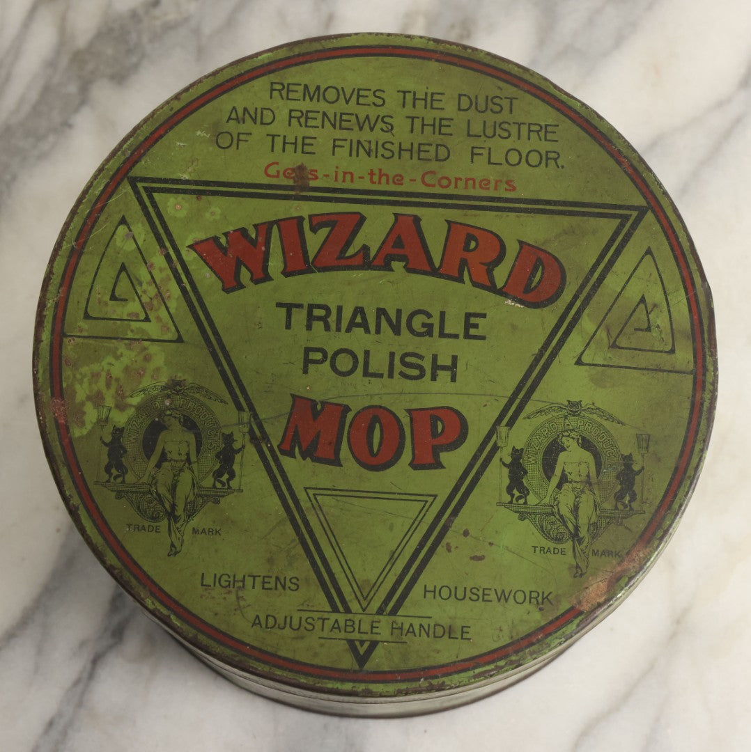 Lot 011 - Antique Triangle Wizard Polish Mop Tin Lithograph Advertising Tin By Wizard Products Company, Chicago, With Black Cat ,Owl, And Woman Wizard Trademark Motif