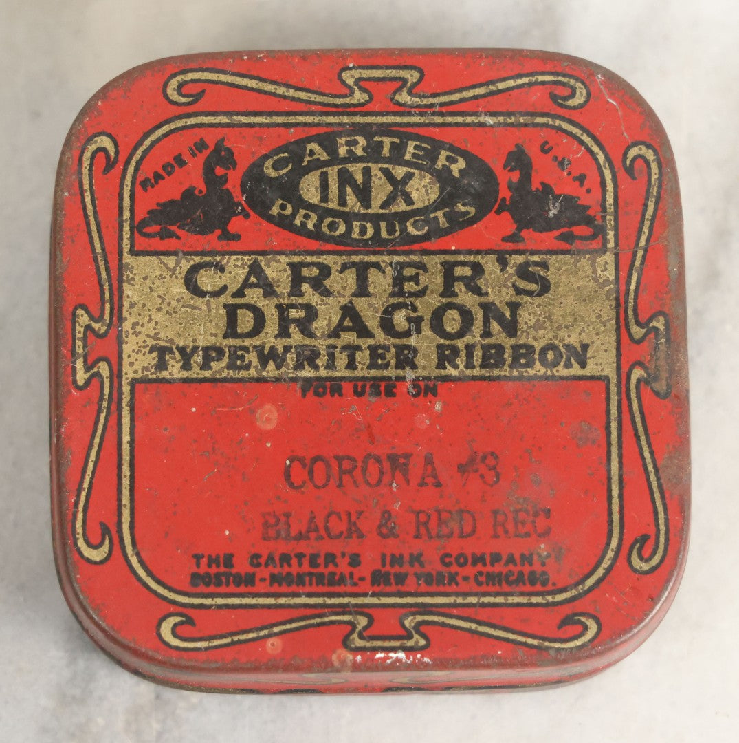 Lot 013 - Antique Carter's Dragon Typewriter Ribbon Tin Lithograph Advertising Tin, By Carter Inx Products, With Dragon Motif