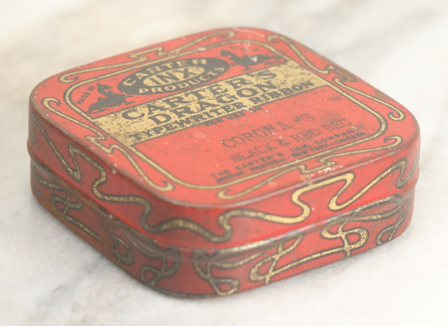 Lot 013 - Antique Carter's Dragon Typewriter Ribbon Tin Lithograph Advertising Tin, By Carter Inx Products, With Dragon Motif
