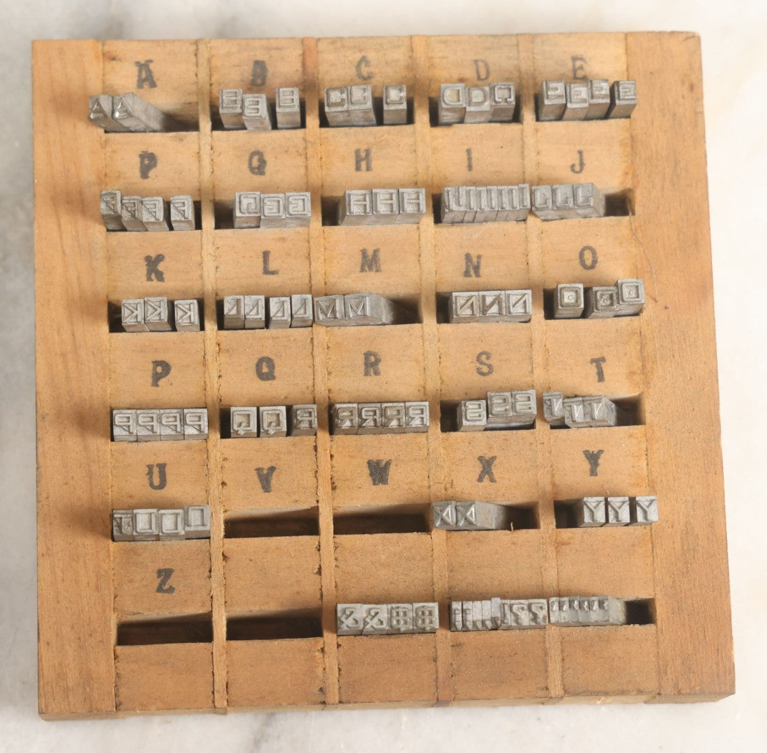 Lot 014 - Antique Printing Type Set With Hundreds Of Matching Letterpress Covering All Letters And Numbers In Custom Drawer Box With Internal Divider, From D.F. Carter, Co., Malden, Massachusetts, Base 9-1/2" x 6-3/4", Height 2-1/2" 