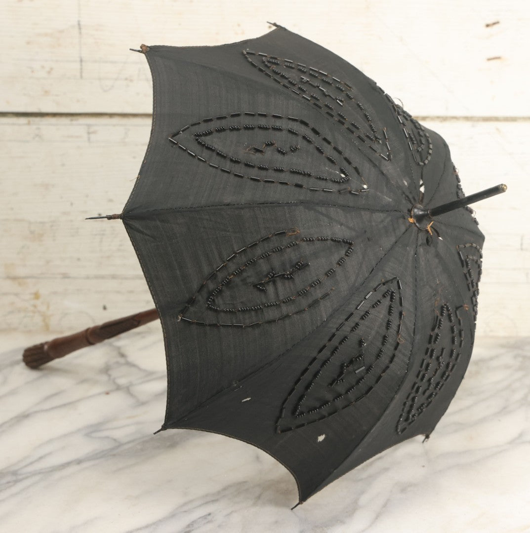 Lot 016 - Antique Petite Size Black Beaded Parasol Umbrella With Carved Wooden Handle, Note Holes, Wear, Overall Length 22-1/4"