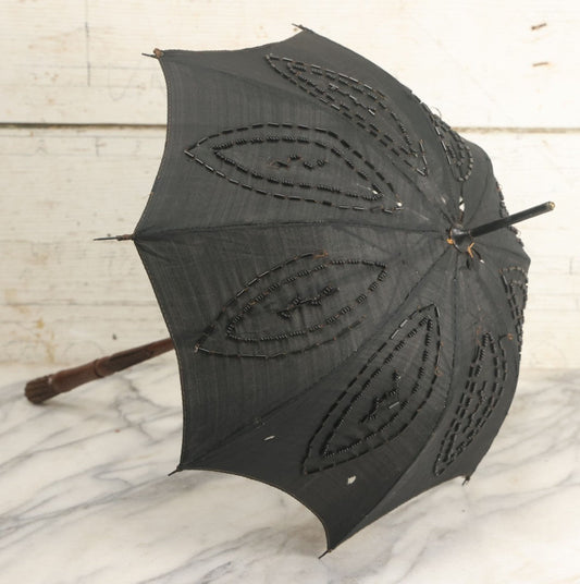 Lot 016 - Antique Petite Size Black Beaded Parasol Umbrella With Carved Wooden Handle, Note Holes, Wear, Overall Length 22-1/4"