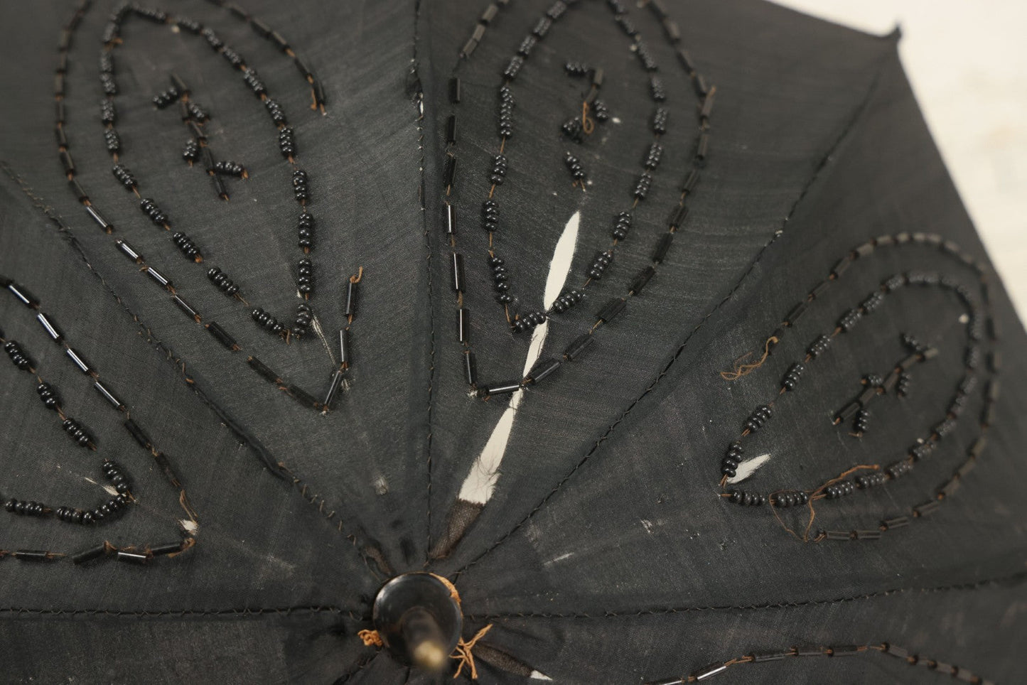 Lot 016 - Antique Petite Size Black Beaded Parasol Umbrella With Carved Wooden Handle, Note Holes, Wear, Overall Length 22-1/4"