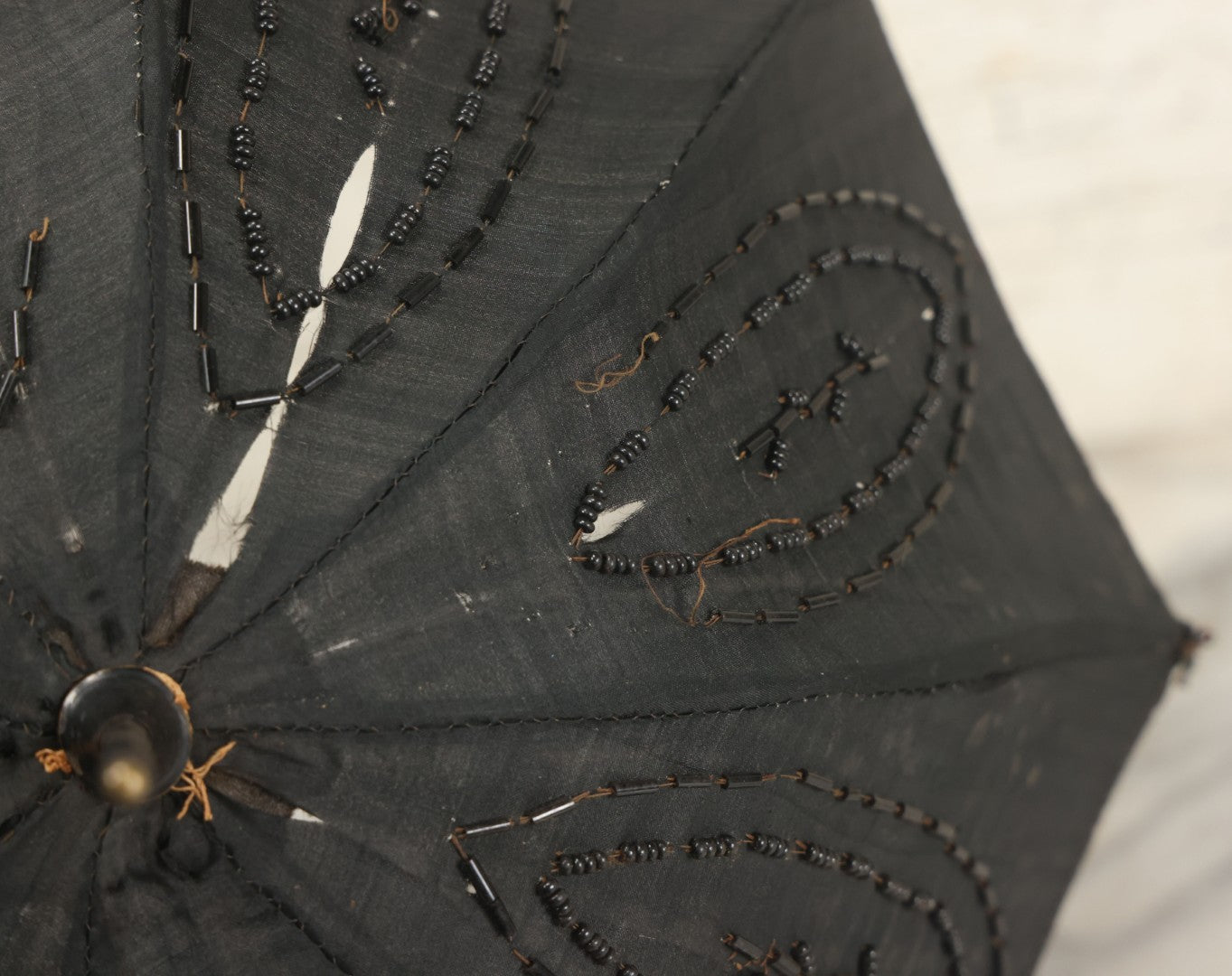 Lot 016 - Antique Petite Size Black Beaded Parasol Umbrella With Carved Wooden Handle, Note Holes, Wear, Overall Length 22-1/4"