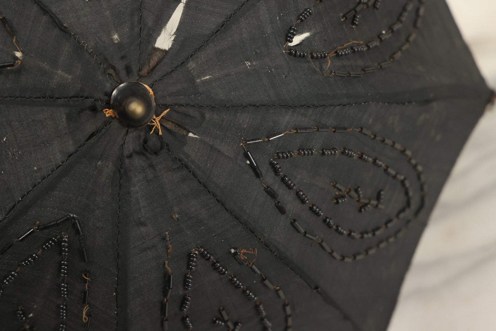 Lot 016 - Antique Petite Size Black Beaded Parasol Umbrella With Carved Wooden Handle, Note Holes, Wear, Overall Length 22-1/4"