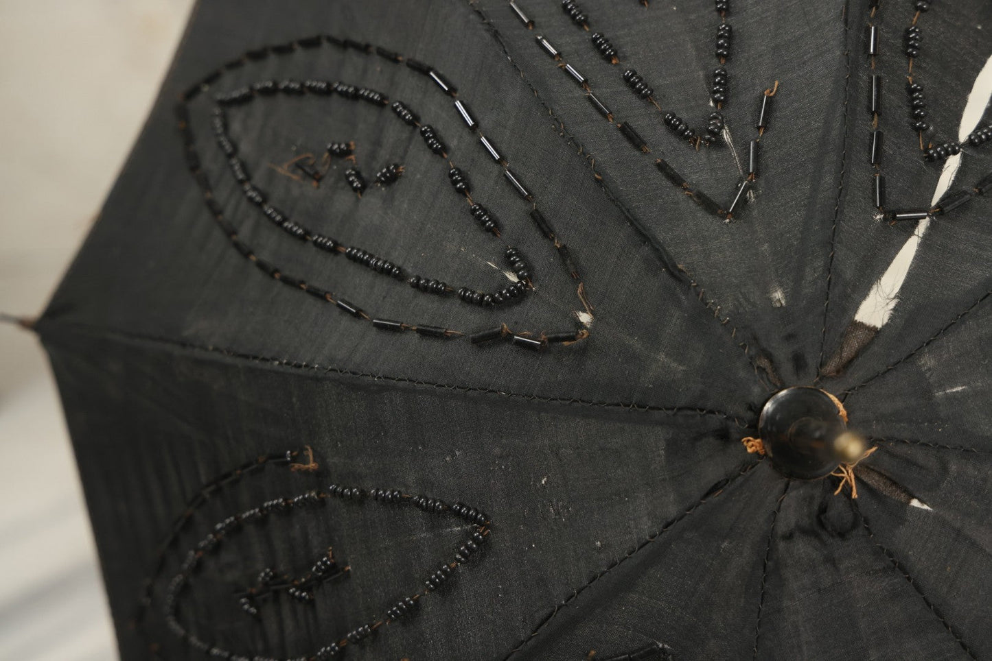 Lot 016 - Antique Petite Size Black Beaded Parasol Umbrella With Carved Wooden Handle, Note Holes, Wear, Overall Length 22-1/4"