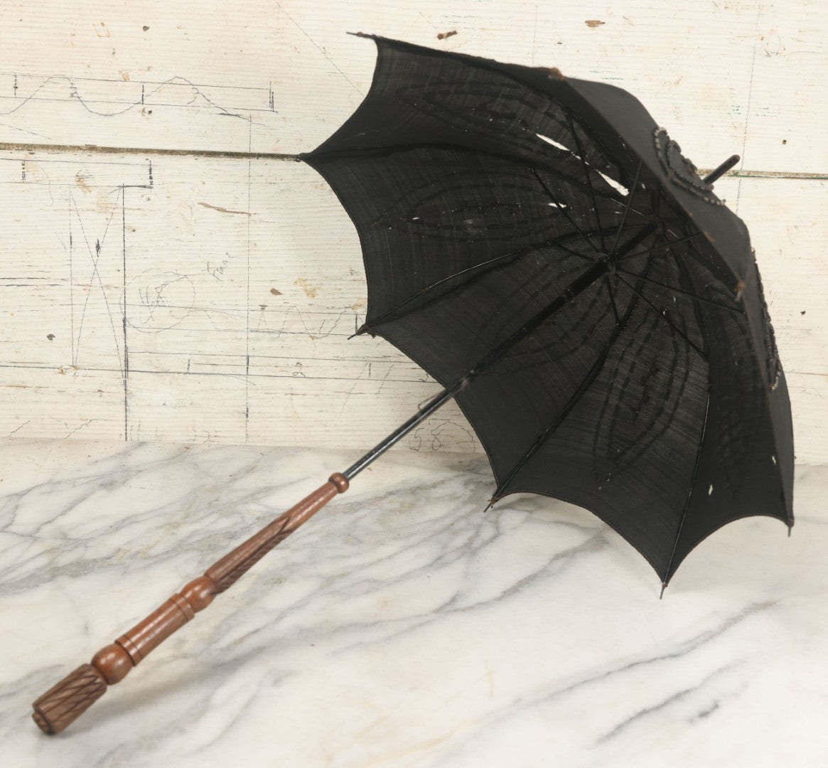 Lot 016 - Antique Petite Size Black Beaded Parasol Umbrella With Carved Wooden Handle, Note Holes, Wear, Overall Length 22-1/4"