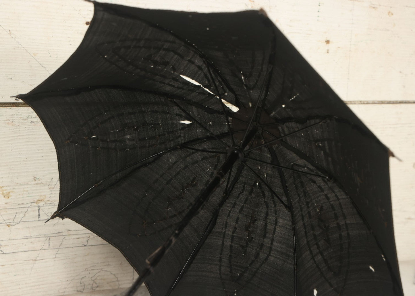 Lot 016 - Antique Petite Size Black Beaded Parasol Umbrella With Carved Wooden Handle, Note Holes, Wear, Overall Length 22-1/4"