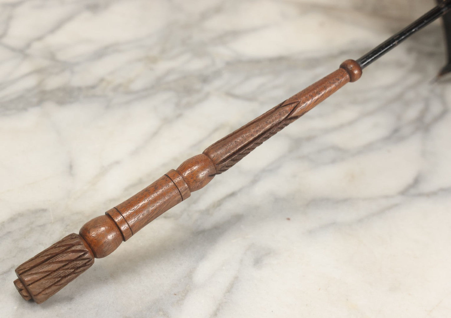Lot 016 - Antique Petite Size Black Beaded Parasol Umbrella With Carved Wooden Handle, Note Holes, Wear, Overall Length 22-1/4"
