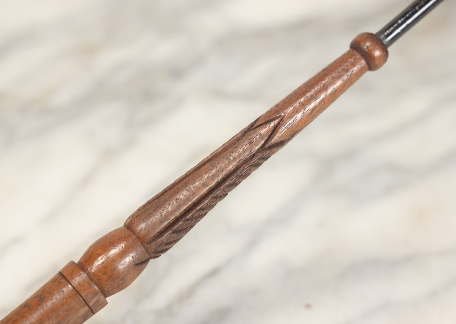 Lot 016 - Antique Petite Size Black Beaded Parasol Umbrella With Carved Wooden Handle, Note Holes, Wear, Overall Length 22-1/4"