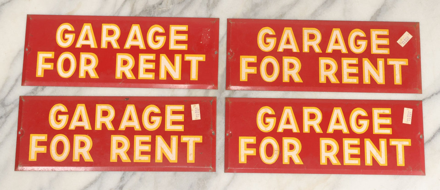 Lot 017 - Grouping Of Four Vintage Red "Garage For Rent" Tin Tacker Sign With Smaltz Lettering, White Letters With Yellow Outlines, 9-1/4" x 3-1/2"