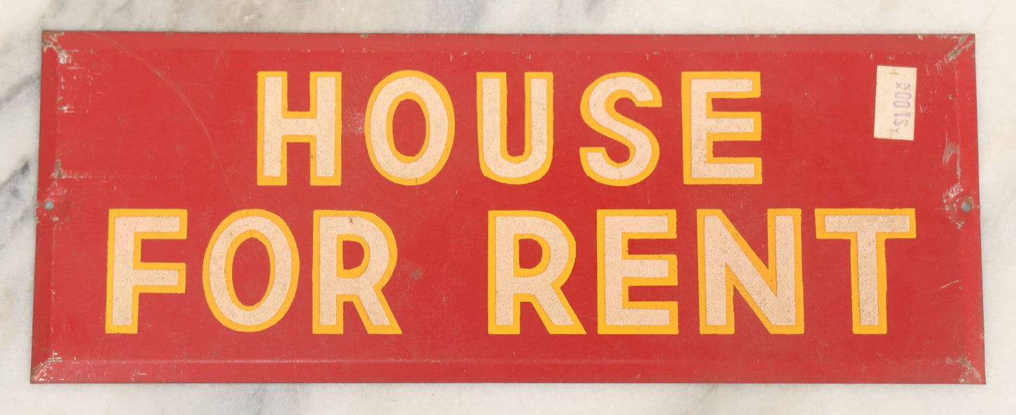 Lot 018 - Vintage Red "House For Rent" Tin Tacker Sign With Smaltz Lettering, White Letters With Yellow Outlines, 9-1/4" x 3-1/2"