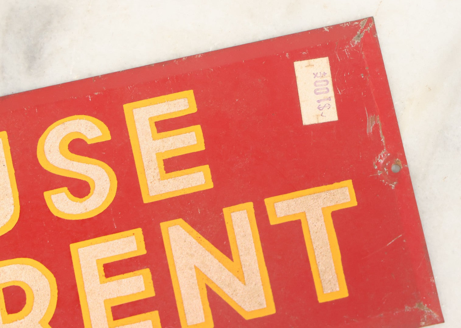 Lot 018 - Vintage Red "House For Rent" Tin Tacker Sign With Smaltz Lettering, White Letters With Yellow Outlines, 9-1/4" x 3-1/2"