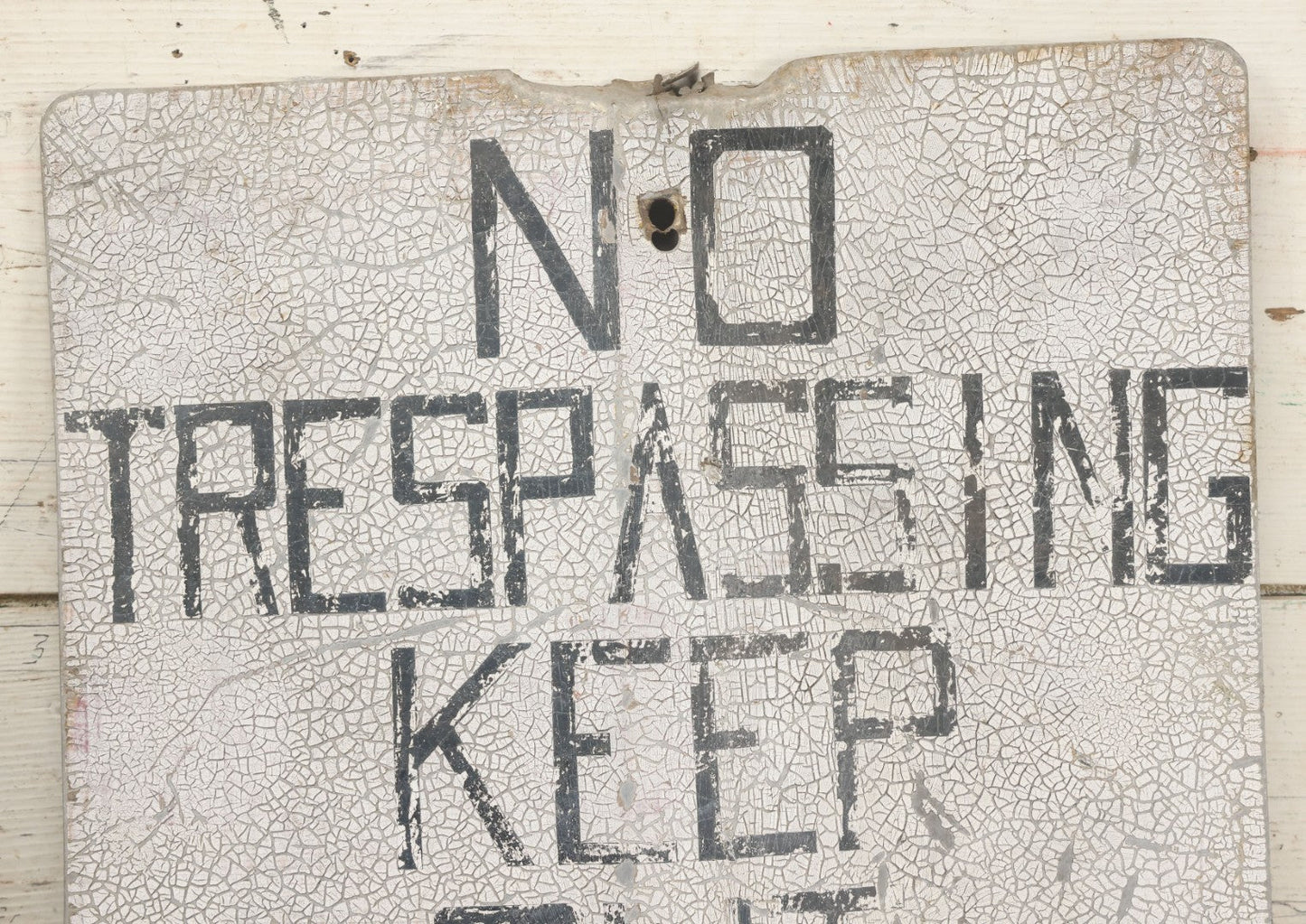Lot 022 - Vintage "No Trespassing, Keep Out" Metal Sign With Chipping Paint, Note Bends, Deformations, Paint Loss, 16-3/4" x 16-1/4"