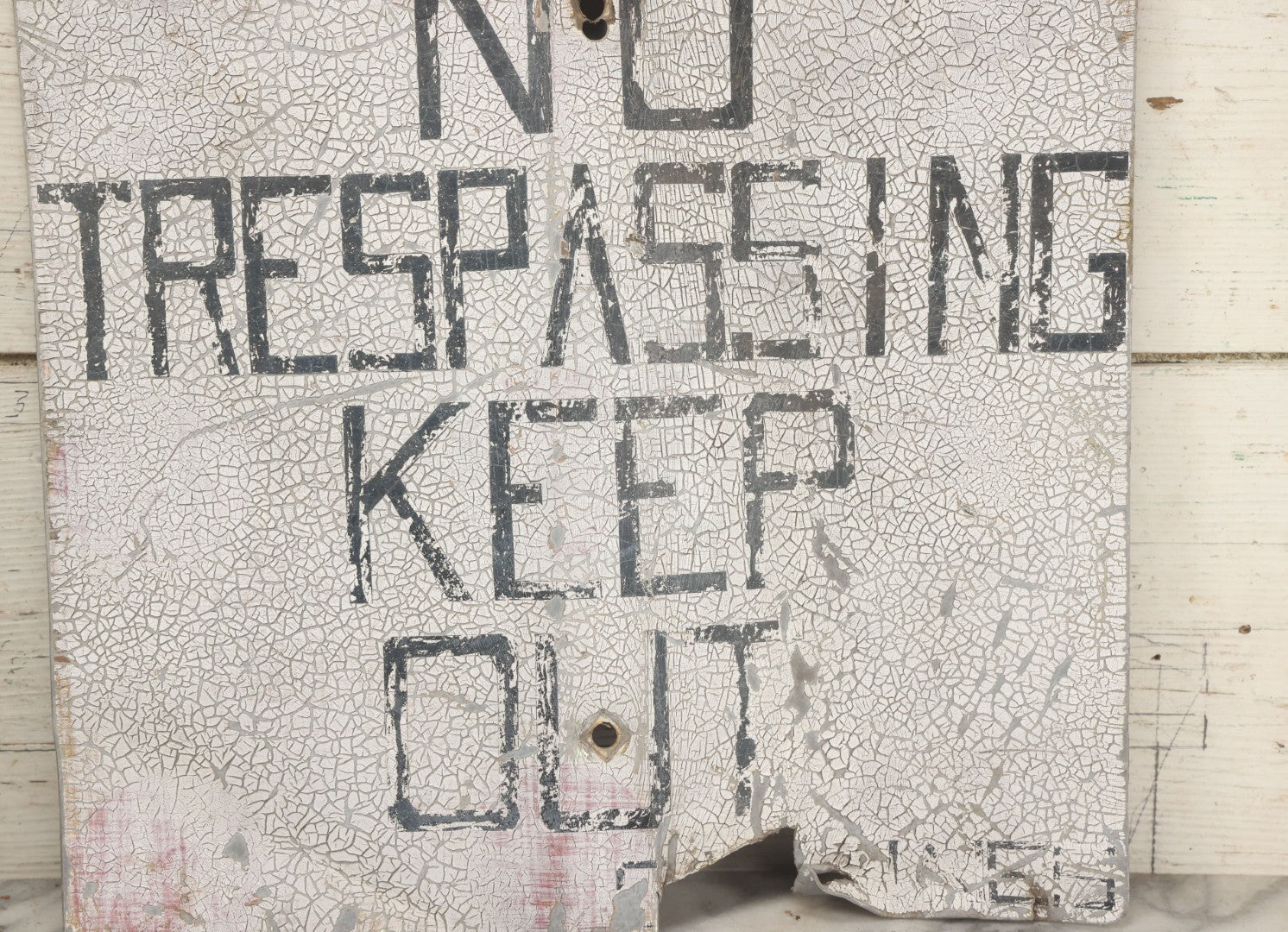 Lot 022 - Vintage "No Trespassing, Keep Out" Metal Sign With Chipping Paint, Note Bends, Deformations, Paint Loss, 16-3/4" x 16-1/4"
