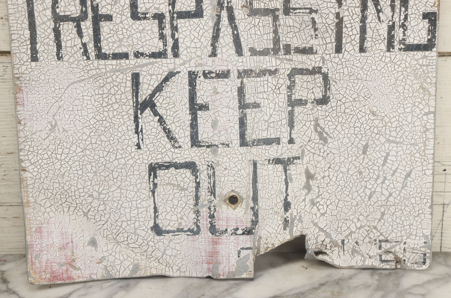 Lot 022 - Vintage "No Trespassing, Keep Out" Metal Sign With Chipping Paint, Note Bends, Deformations, Paint Loss, 16-3/4" x 16-1/4"