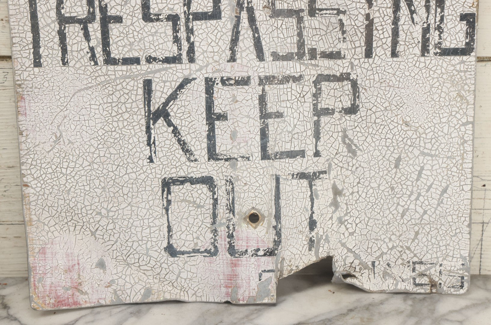 Lot 022 - Vintage "No Trespassing, Keep Out" Metal Sign With Chipping Paint, Note Bends, Deformations, Paint Loss, 16-3/4" x 16-1/4"