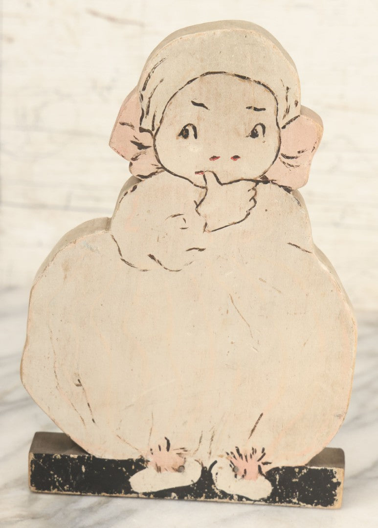 Lot 023 - Vintage Folk Art Wood Cut Painted Door Stop, Little Girl In Bloomers, Pink Bow, Sucking Thumb