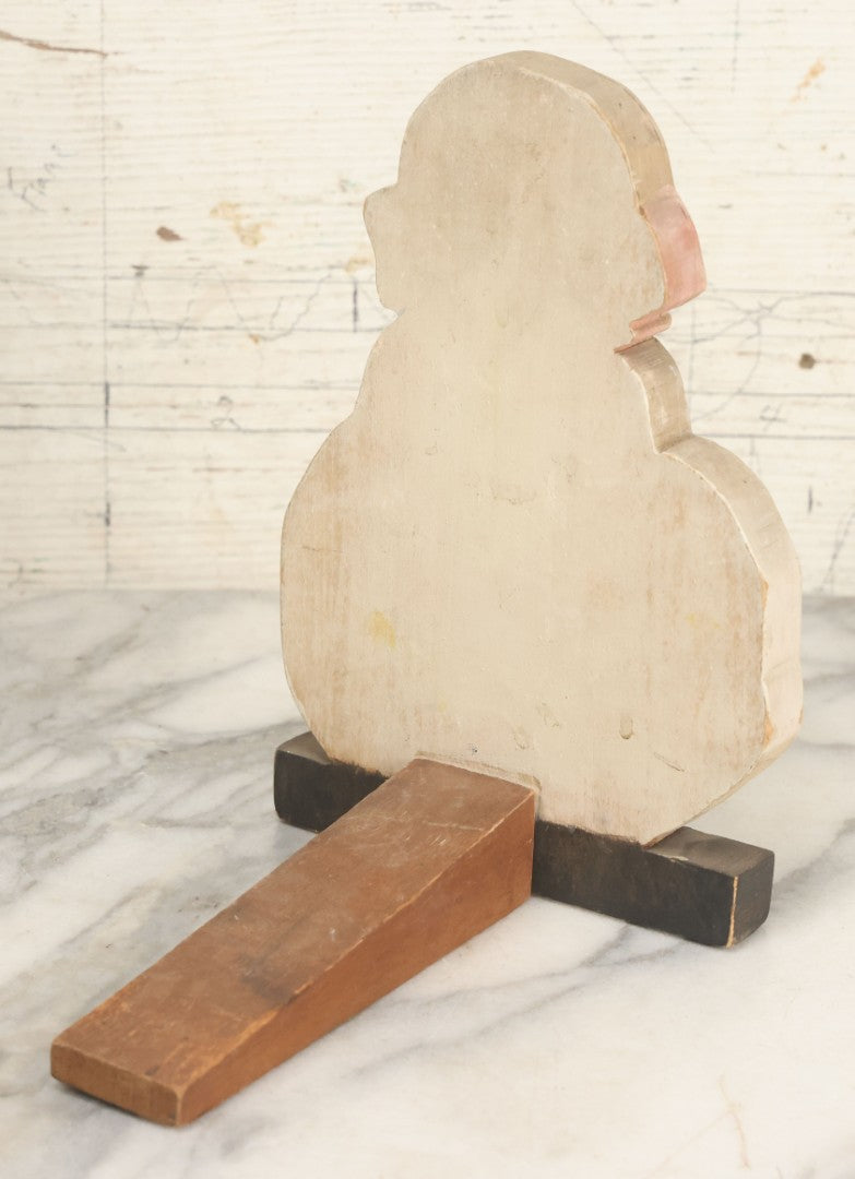 Lot 023 - Vintage Folk Art Wood Cut Painted Door Stop, Little Girl In Bloomers, Pink Bow, Sucking Thumb