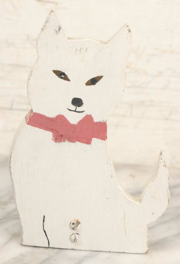 Lot 024 - Vintage Folk Art Wood Cut Painted Door Stop, White Shiba Inus Dog With Pink/Red Bowtie