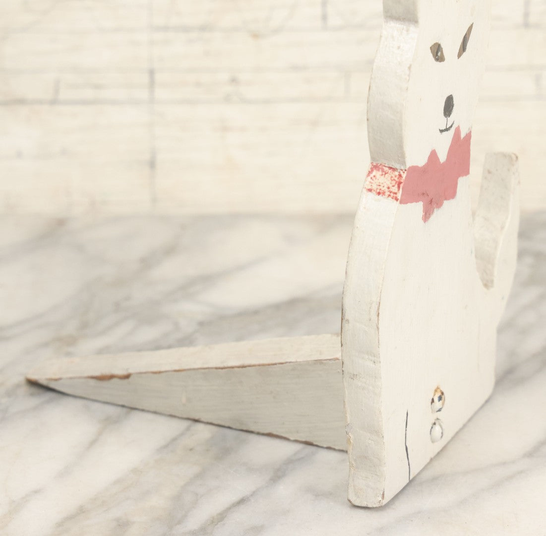 Lot 024 - Vintage Folk Art Wood Cut Painted Door Stop, White Shiba Inus Dog With Pink/Red Bowtie