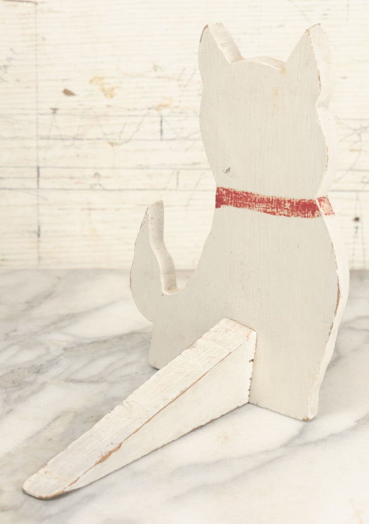 Lot 024 - Vintage Folk Art Wood Cut Painted Door Stop, White Shiba Inus Dog With Pink/Red Bowtie