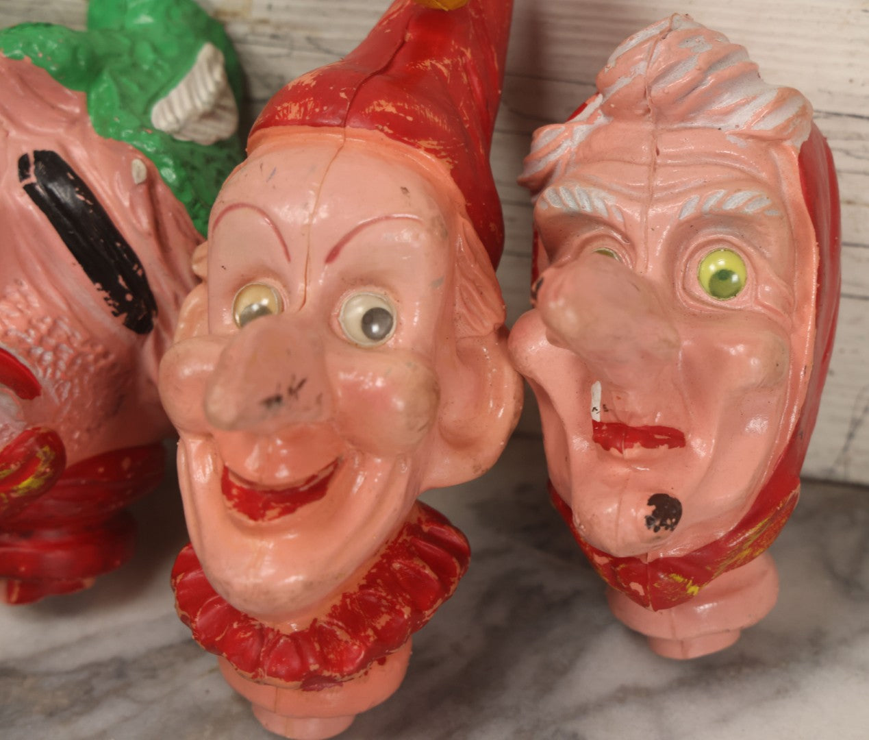 Lot 029 - Grouping Of Five Vintage Punch And Judy Style Rubber Puppet Heads Including Devil, Pirate, Cop, And Others