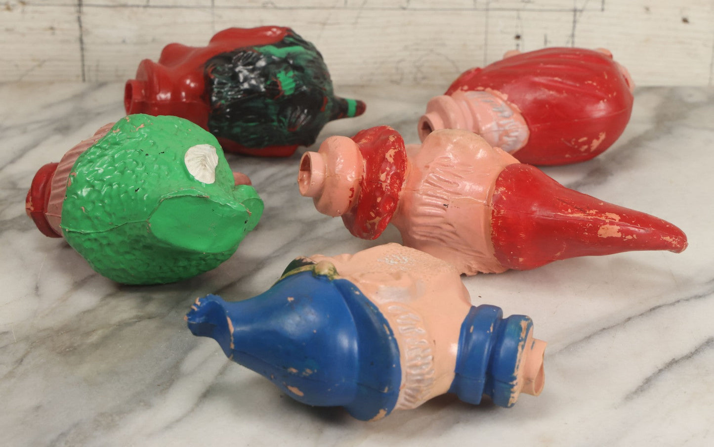 Lot 029 - Grouping Of Five Vintage Punch And Judy Style Rubber Puppet Heads Including Devil, Pirate, Cop, And Others