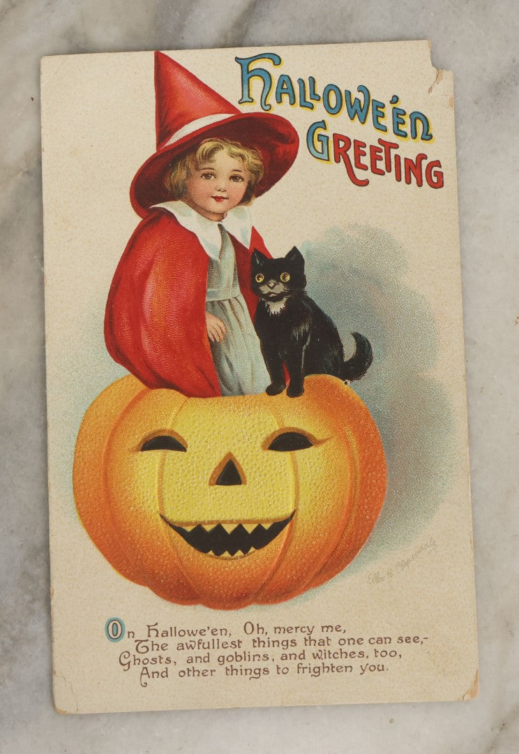 Lot 033 - Antique Embossed Halloween Postcard With Little Girl Witch, Black Cat, Smiling Pumpkin Jack-O-Lantern J.O.L., Illustrated By Ellen Clapsaddle, Series No. 1667, International Art Publishing Co., Printer In Germany, Unused, Note Corner Loss