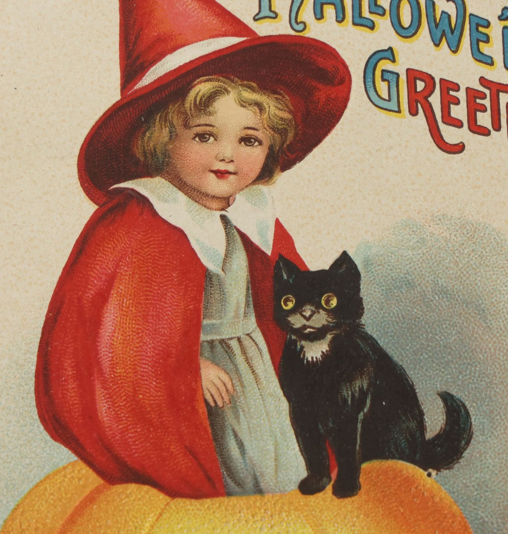 Lot 033 - Antique Embossed Halloween Postcard With Little Girl Witch, Black Cat, Smiling Pumpkin Jack-O-Lantern J.O.L., Illustrated By Ellen Clapsaddle, Series No. 1667, International Art Publishing Co., Printer In Germany, Unused, Note Corner Loss