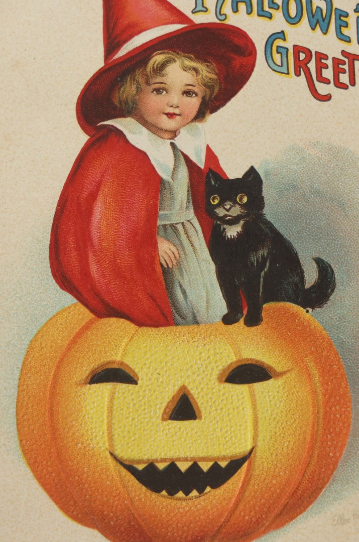 Lot 033 - Antique Embossed Halloween Postcard With Little Girl Witch, Black Cat, Smiling Pumpkin Jack-O-Lantern J.O.L., Illustrated By Ellen Clapsaddle, Series No. 1667, International Art Publishing Co., Printer In Germany, Unused, Note Corner Loss