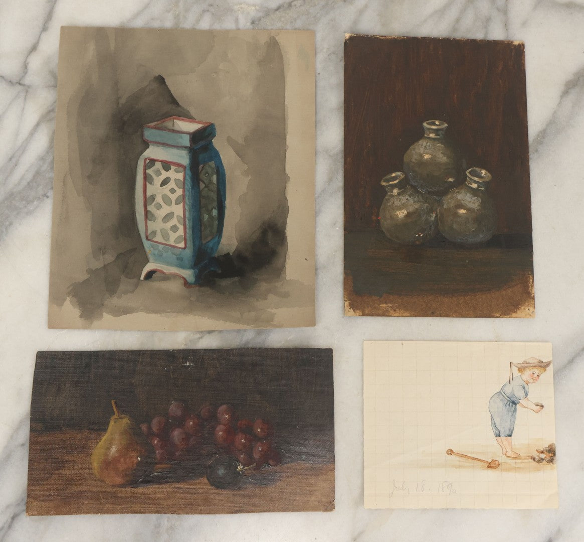 Lot 044 - Grouping Of Four Antique Paintings On Canvas And Paper Including Vase, Still Life, Little Child, Approximately 5" x 7" (Grouping I)