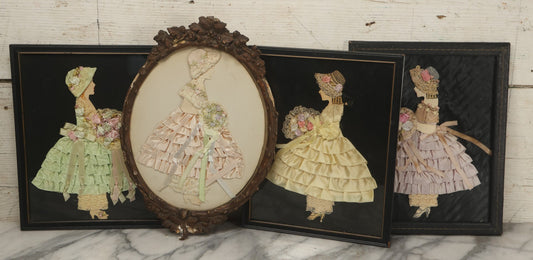 Lot 045 - Grouping Of Four Vintage Framed Ribbon Ladies Made With Real Fabric, Etc, In Frames