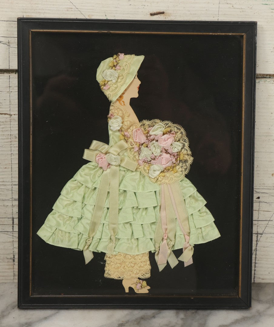 Lot 045 - Grouping Of Four Vintage Framed Ribbon Ladies Made With Real Fabric, Etc, In Frames