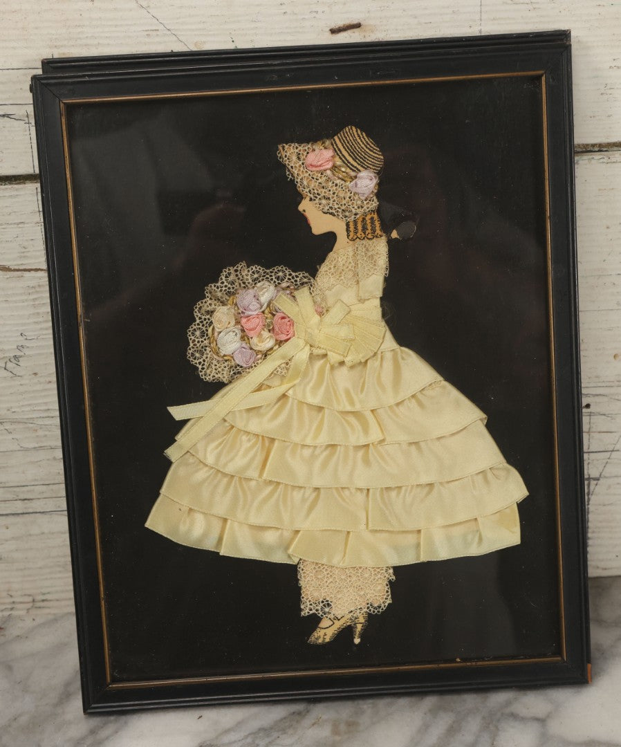Lot 045 - Grouping Of Four Vintage Framed Ribbon Ladies Made With Real Fabric, Etc, In Frames