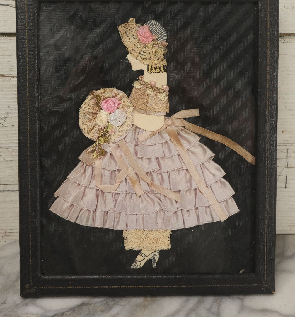 Lot 045 - Grouping Of Four Vintage Framed Ribbon Ladies Made With Real Fabric, Etc, In Frames