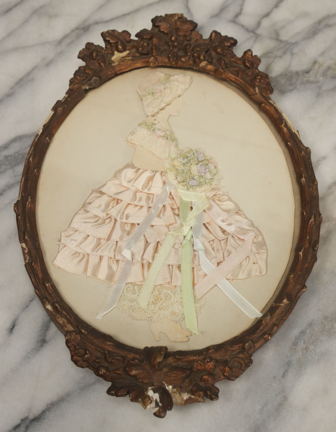 Lot 045 - Grouping Of Four Vintage Framed Ribbon Ladies Made With Real Fabric, Etc, In Frames