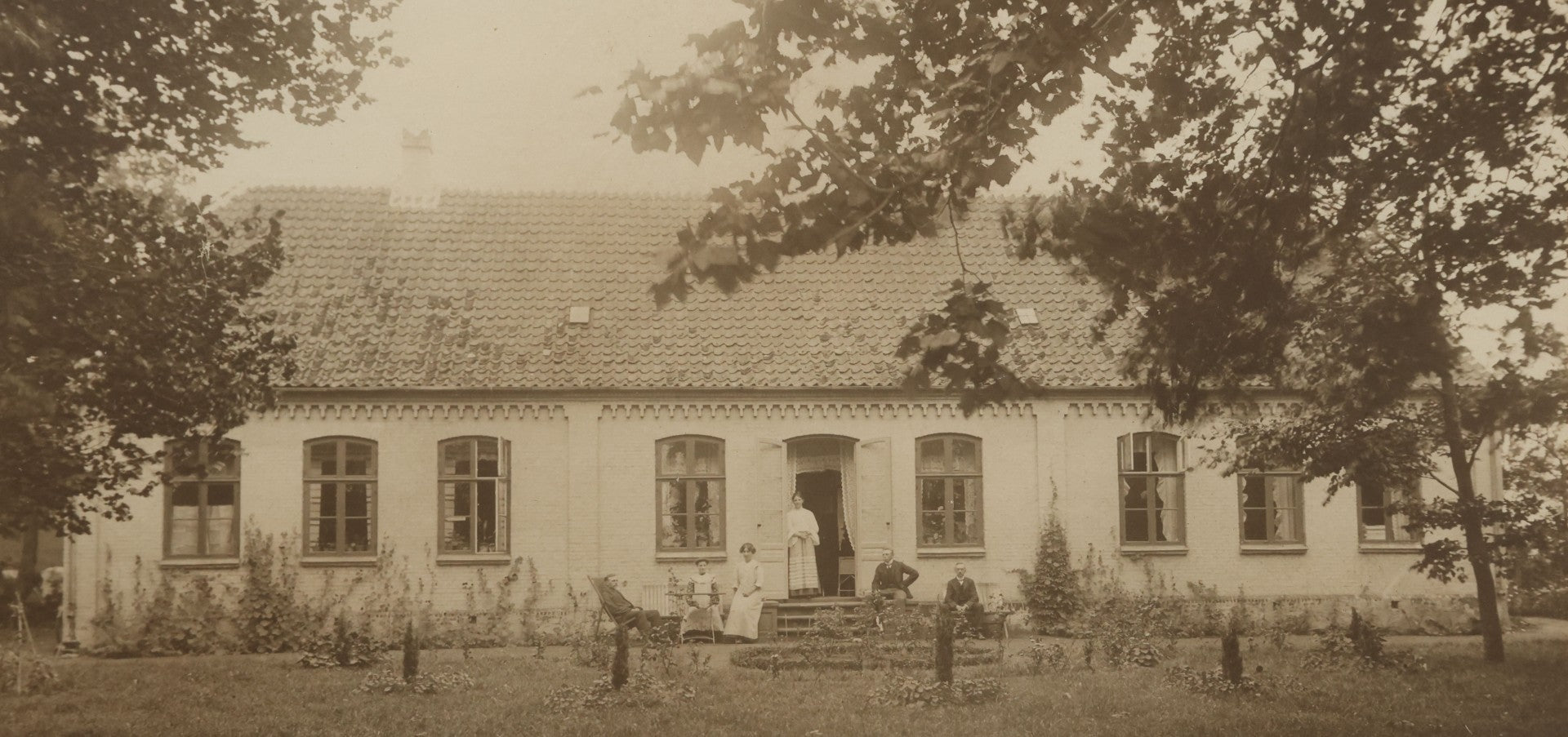 Lot 048 - Antique Framed Photograph Of People Gathered Outside Home, Photographed By Oluf Borup, Denmark, 13-1/8" x 12-1/2"