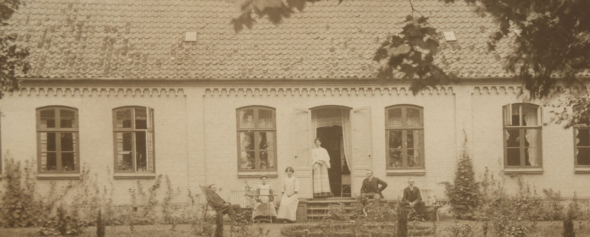 Lot 048 - Antique Framed Photograph Of People Gathered Outside Home, Photographed By Oluf Borup, Denmark, 13-1/8" x 12-1/2"