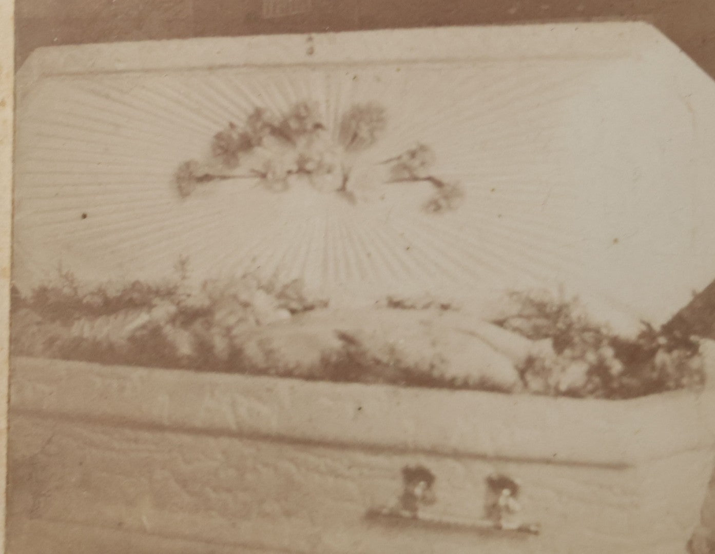 Lot 050 - Antique Boarded Photograph Of An Open Casket Funeral With A White Coffin, Corpse Not Visible, Identified On Verso As Mable McCloud