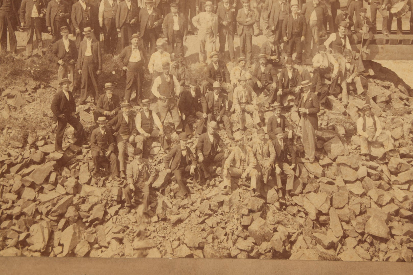 Lot 064 - Antique Photograph Of A Large Group Of Men Posing Next To The Dover Point Trestle Railroad Train Bridge, Dover, New Hampshire, With Detailed Identification On Verso, 1892