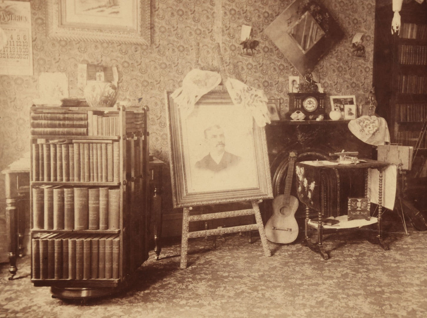 Lot 068 - Antique Boarded Interior Photograph Of The Living Room Of Charles And Elvira Boynton, With Photographs Of John Haines And Bertha Boynton Haines Displayed Along With Artwork, Instruments, Etc