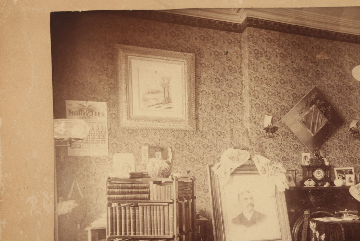 Lot 068 - Antique Boarded Interior Photograph Of The Living Room Of Charles And Elvira Boynton, With Photographs Of John Haines And Bertha Boynton Haines Displayed Along With Artwork, Instruments, Etc
