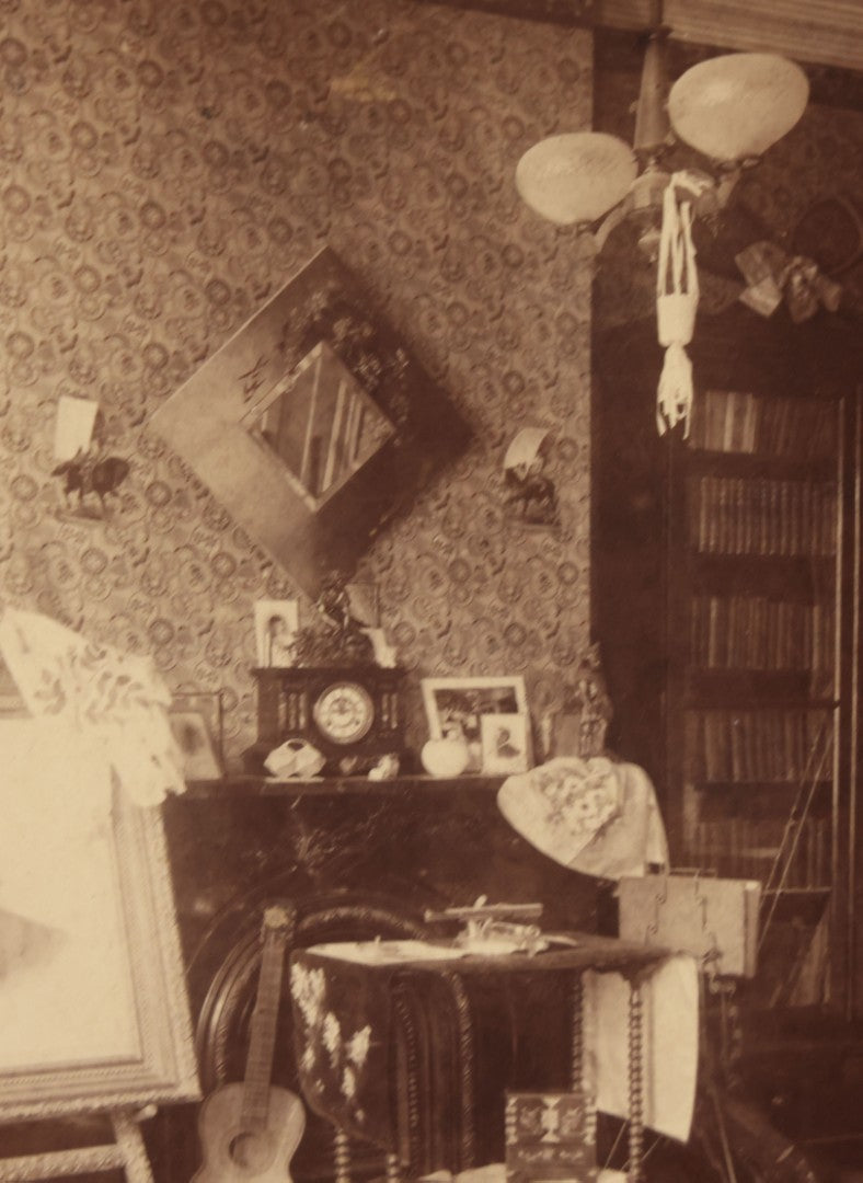Lot 068 - Antique Boarded Interior Photograph Of The Living Room Of Charles And Elvira Boynton, With Photographs Of John Haines And Bertha Boynton Haines Displayed Along With Artwork, Instruments, Etc