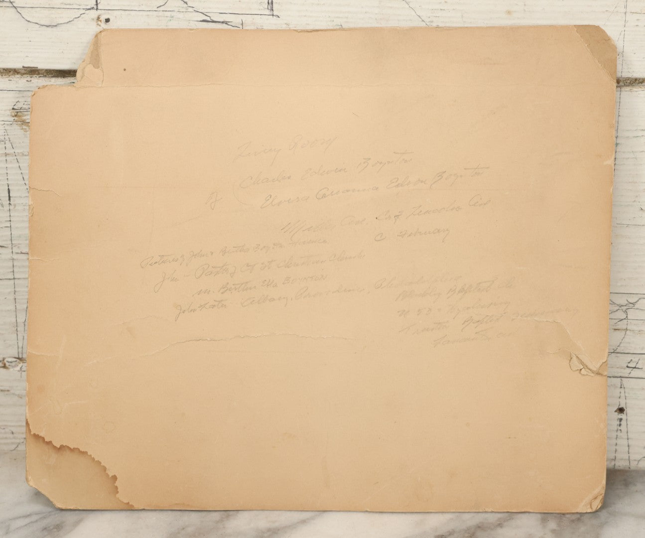 Lot 068 - Antique Boarded Interior Photograph Of The Living Room Of Charles And Elvira Boynton, With Photographs Of John Haines And Bertha Boynton Haines Displayed Along With Artwork, Instruments, Etc