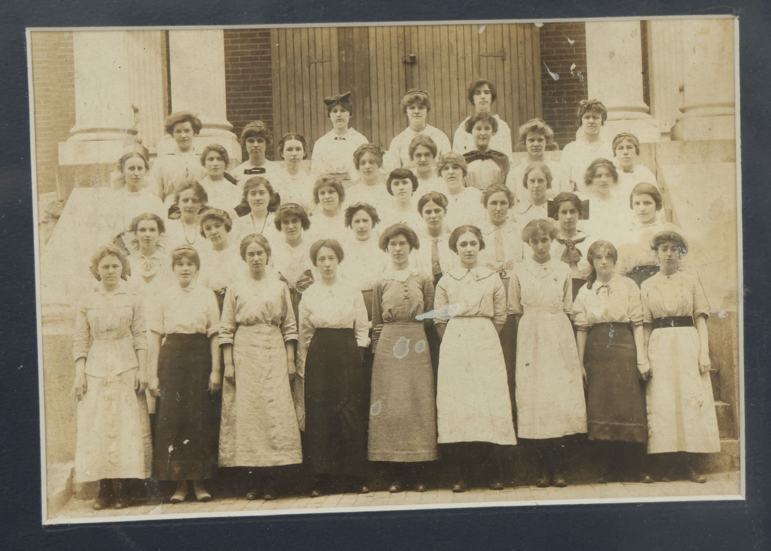 Lot 070 - Antique Framed And Matted Photograph Of An All Girl High School Class Standing On Stoop Of School, 10-5/8" x 7-5/8"