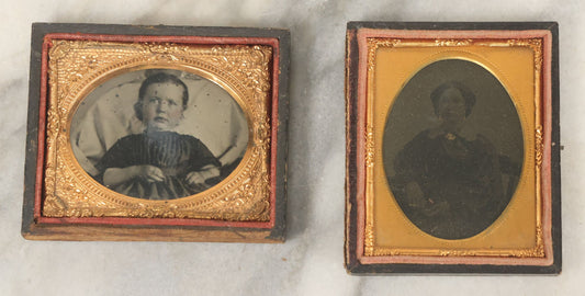 Lot 071 - Pair Of Antique 1/9th Plate Cased Images Including Hidden Mother Ruby Ambrotype With Young Child And Very Dark Tintype Of A Woman, In Half Leatherette Union Cases