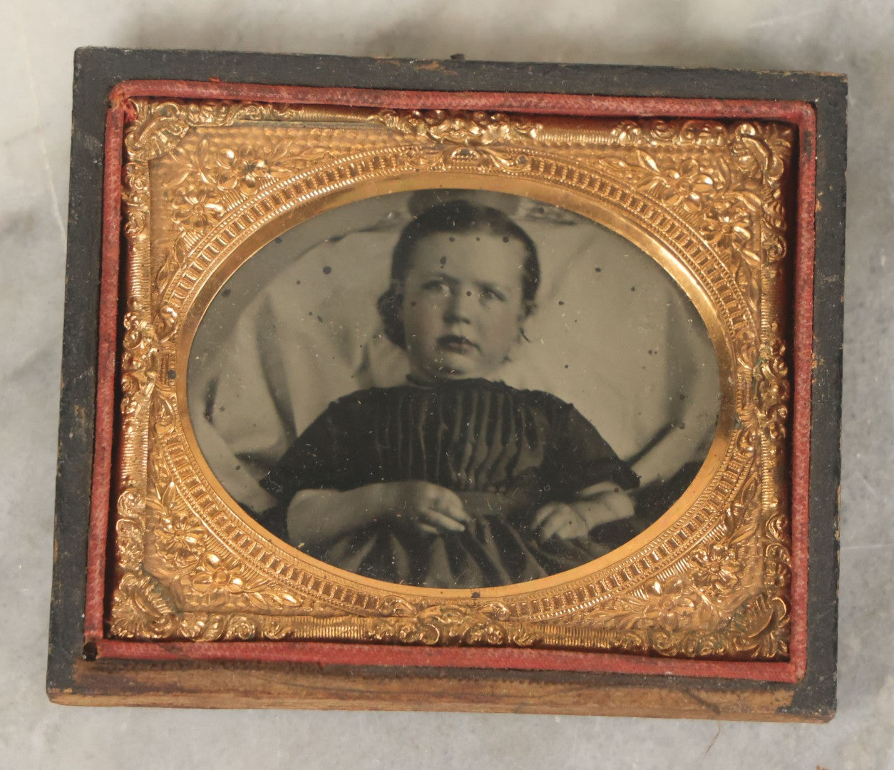 Lot 071 - Pair Of Antique 1/9th Plate Cased Images Including Hidden Mother Ruby Ambrotype With Young Child And Very Dark Tintype Of A Woman, In Half Leatherette Union Cases